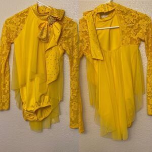 Kelle dance jazz lyrical costume yellow lace semi custom rhinestoned child LC